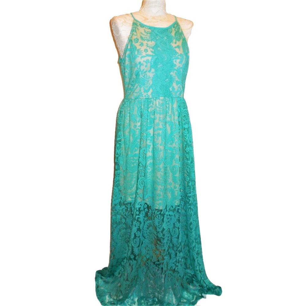 Maxi Dress SMALL NWT Sheer Turquoise Green Lace Sleeveless Special Occasion